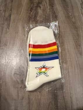 Dallas Stars Pride NighWhite Men's Crew Socks with Rainbow Stripes and Star Logo